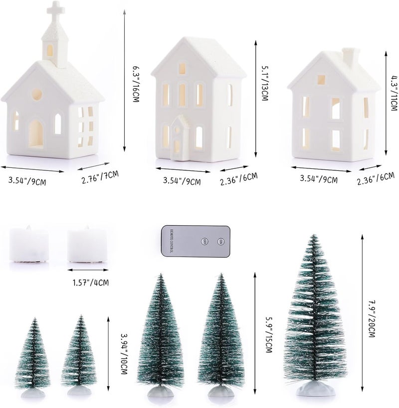 BUTITNOW 9 Pcs Christmas Village Figurines Sets - 4 Lighted Ceramic Houses with Remote Control & 5 Trees - Christmas Decorations Indoor - White Xmas Holiday Farmhouse Rustic Decor for Home Table Room - Image 3